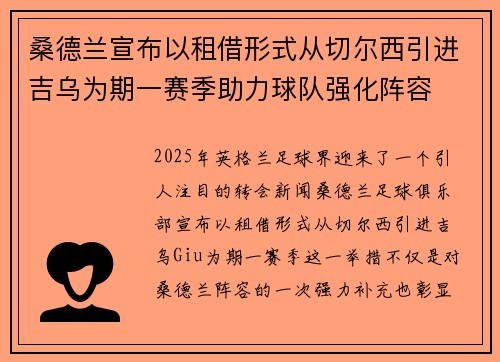 桑德兰宣布以租借形式从切尔西引进吉乌为期一赛季助力球队强化阵容