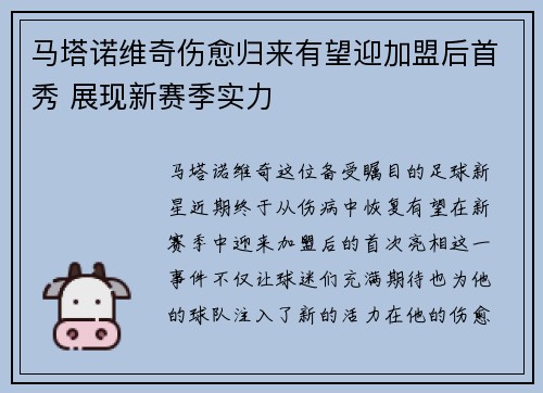 马塔诺维奇伤愈归来有望迎加盟后首秀 展现新赛季实力